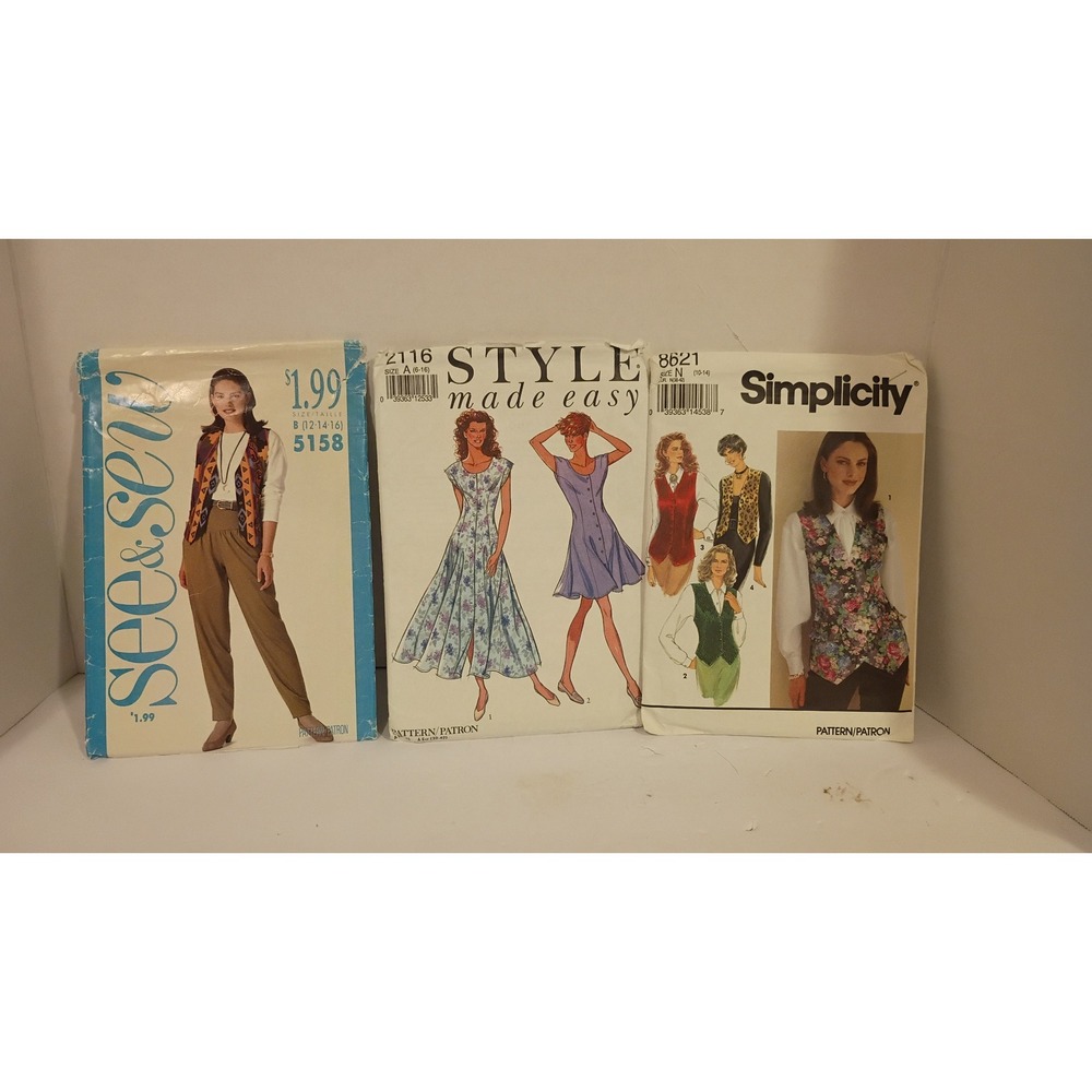 Vintage Sewing Pattern Lot Simplicity, Style, See & Sew Vests Dress 90s Fashion.